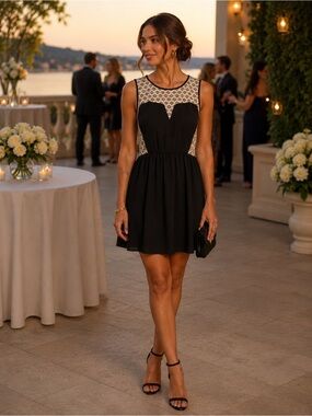 MONTEAU Black Sheer Mini Dress with Cream Lace Insets, Lined Sz S Flowy Feminine
